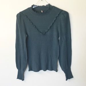 Free People Love Struck Ribbed Mock Neck Top with Puff Sleeves - Teal - S